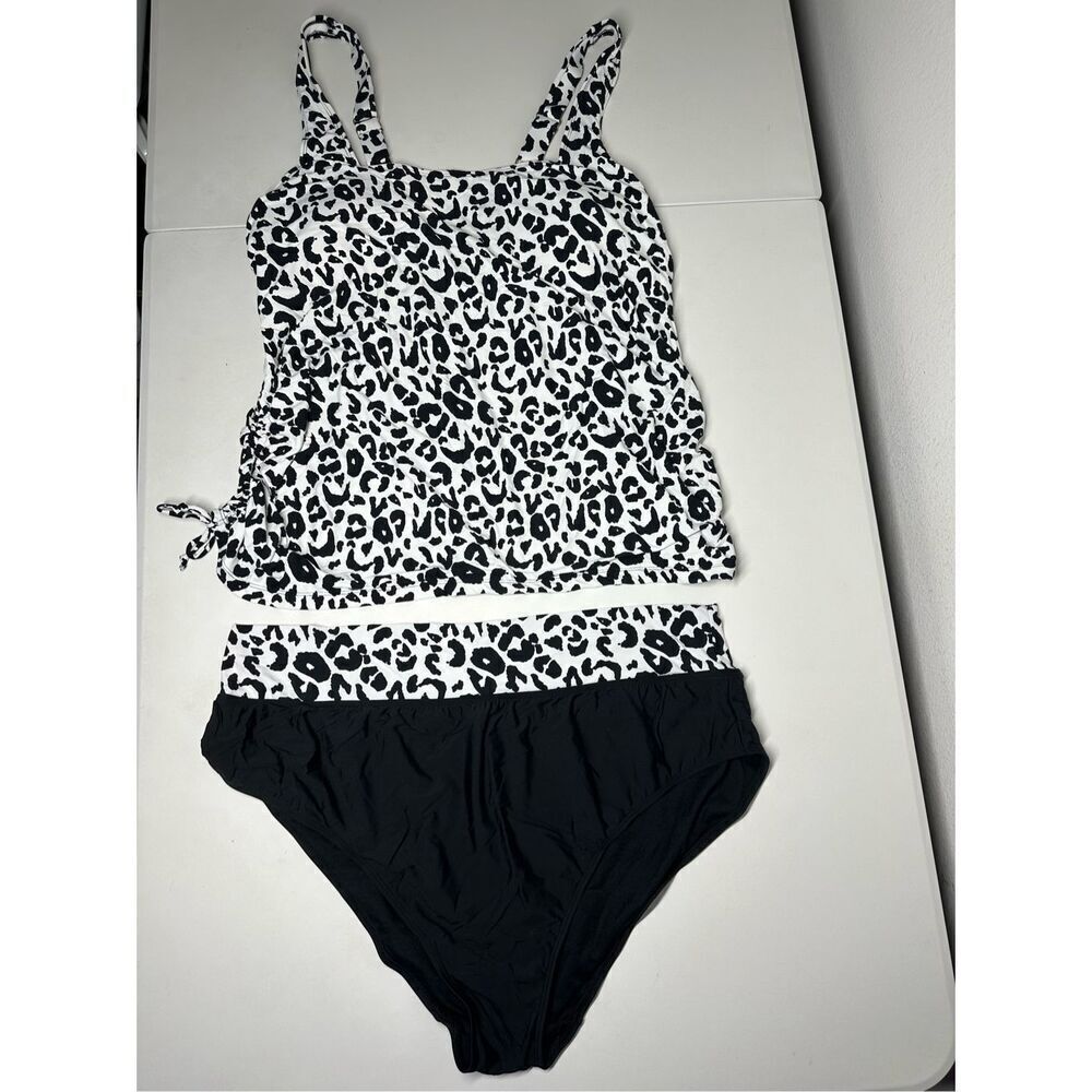 Mynah Black White Animal Print Tankini Top High Waist Swim Brief Set Size 20W